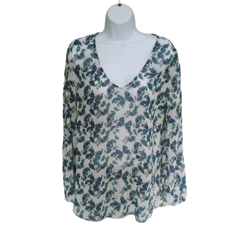 Aldi Blue Green Grey Butterflies Sheer Tunic Blouse Medium
